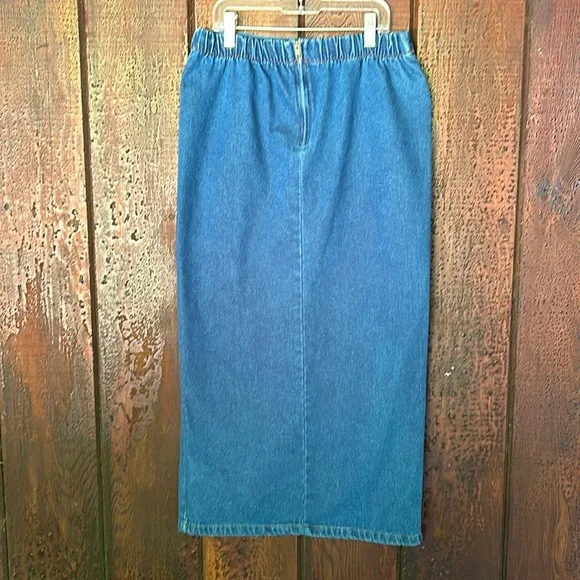 VTG 80s Denim & Leopard Print Maxi Skirt Double Slits Rockabilly Punk Sz Small - Picture 7 of 8